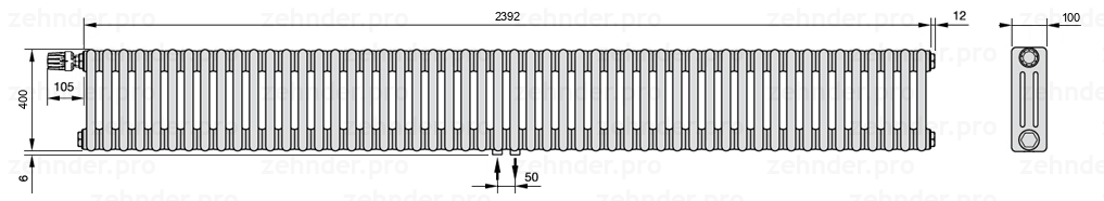 Схема (чертеж) Радиатор Zehnder Charleston 3040/52 №V007 Белый глянцевый RAL 9016